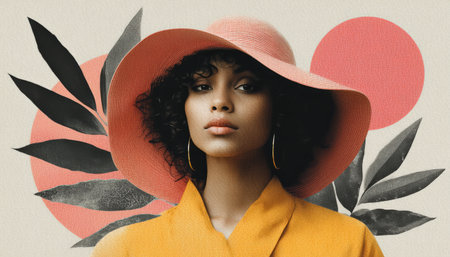 Collage environment woman hat portrait fashion confident elegance coral yellow neutral backdropの素材