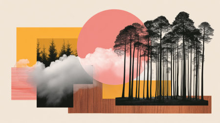 Collage environment minimalist forest collage with tall pine silhouette cloud and geometric shapes creating calm modern landscapeの素材