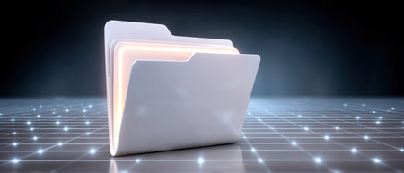 Glowing data folder stands on futuristic grid symbolizing organized digital storage and secure file management in modern office environmentの素材