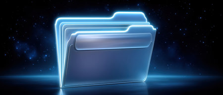 Glowing folder and data visualization neon blue futuristic scene showing digital document storage and cloud concept with reflective surfaceの素材