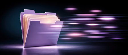 Glowing folder with flowing data streams suggesting fast digital transfer and organized file sharing in modern network environmentの素材