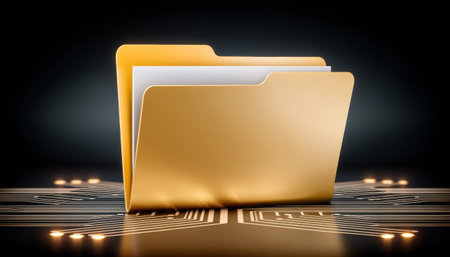 Golden folder and document symbolize organized digital data and secure file storage illuminated circuit board conveying efficient informationの素材