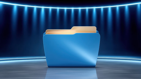 Blue folder on futuristic stage creates organized data and secure file storage feeling with soft lighting and modern tech atmosphereの素材