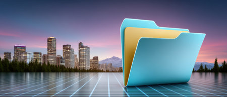 Modern folder icon reflective grid with city skyline mountain backdrop folder and data organized visually expressing digital storage and urbanの素材