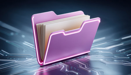 Pink folder holding paper document and glowing data stream circuit board evokes digital folder and organized data storage with modern tech optimismの素材