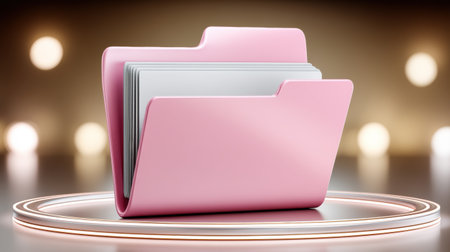Pink file folder with papers on illuminated pedestal showing organized data and digital folder concept capturing neat office mood and soft lightingの素材
