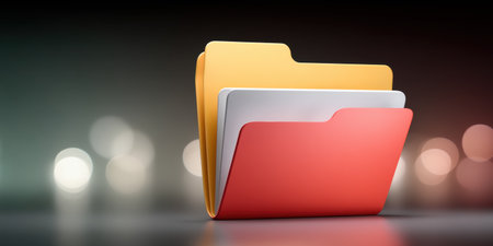 Colorful folder trio reflective surface with soft bokeh background conveying organized data and digital folder concept calm modern office settingの素材