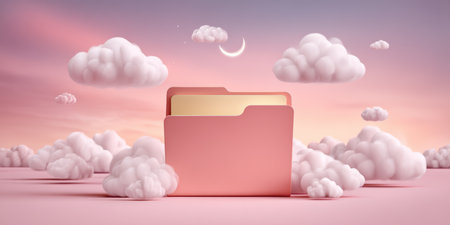 Pink folder on dreamy cloud night sky with crescent moon and data files soft pastel cloudscape evokes calm and organized digital storageの素材
