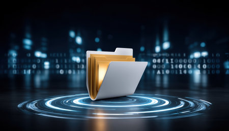 Folder data storage concept with glowing file folder and digital rings conveying secure information access and network connectionの素材