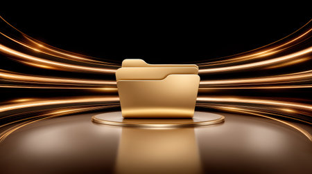 Gold folder pedestal with flowing light lines and data stream conveying secure digital storage and organized file folder sleek style, modern moodの素材