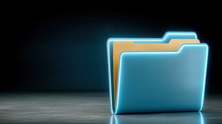 Glowing folder and data concept with neon blue folder standing on reflective surface creating modern digital storage moodの素材
