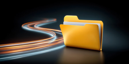 Folder and data stream symbolize fast digital file transfer glowing motion suggests secure organized information flowの素材
