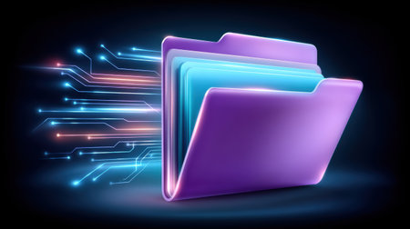 Digital folder and data stream glowing with neon light and circuit lines conveying fast information and secure storage in futuristic styleの素材