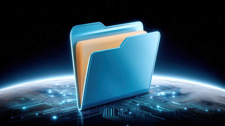 Blue digital folder glowing above planet with data circuits and files conveying global storage and folder security in futuristic environmentの素材