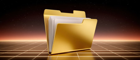 Gold folder with pages and glowing data grid background folder data storage concept with warm light and subtle emotionの素材
