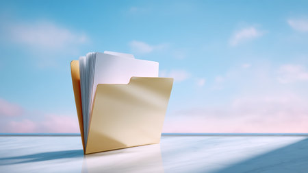 Gold folder with papers and organized data and documents in soft light on reflective surface folder data neatly arranged inspiring workspace moodの素材