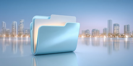 Blue folder glowing with organized data and soft city reflection conveying digital storage and calm productivityの素材