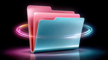 Colorful data folder icon with glowing ring and dynamic light effects conveying digital organization and secure storageの素材