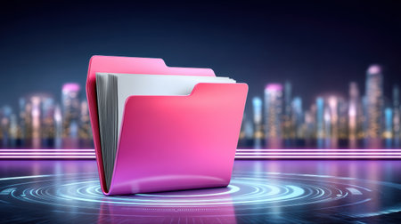 Pink folder with data files on futuristic digital platform in cityscape night scene evoking innovation and organizationの素材