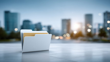 Folder and data organized in neat file folder on reflective surface with blurred city skyline background conveying modern digital storage calmの素材