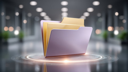 Folder and data concept folder glowing on futuristic office floor with soft bokeh light and warm tone evoking trust and organizationの素材
