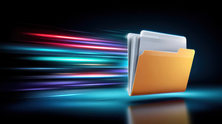 Folder and data transfer concept with glowing folder icon and streaks of colorful light conveying speed and secure movement of filesの素材