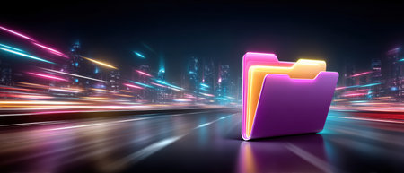 Neon folder icon on futuristic city road with glowing data stream and organized digital folder serving as secure folder and data storage visualの素材