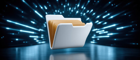 Folder and data exchange concept with glowing light streaks and floating document folder evoking secure digital transfer and dynamic speedの素材