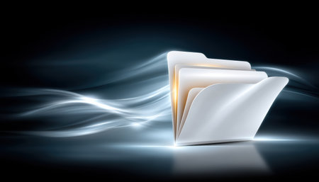 Modern glowing folder with flowing data light trail and soft glow conveying organized digital storage and secure file transferの素材