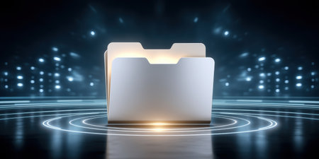 Folder and data concept glowing folder reflective floor with circular light rings and futuristic server room atmosphere evoking secure storageの素材