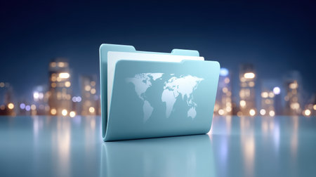 Global folder and data concept folder reflective surface with world map and city bokeh night lights conveying connected digital storageの素材