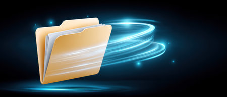 Digital folder and data swirl on glowing blue background conveying fast file transfer and secure cloud workflow with dynamic light trailの素材