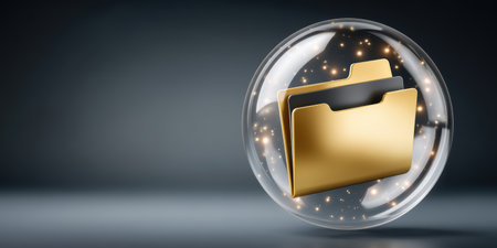 Gold folder and glowing data sparkles inside protective glass sphere conveying secure file storage and organized digital archiveの素材