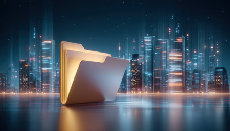 Digital folder glowing with data futuristic city night skyline showing illuminated file storage and secure data concept lighting emotional wonderの素材