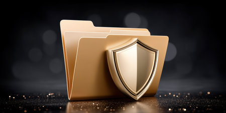 Golden folder and shield icon representing secure data folder and protected data storage with elegant lighting and subtle bokehの素材