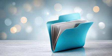 Blue folder holding organized paper files and data soft bokeh light suggesting digital archive and tidy document storage for business and personalの素材