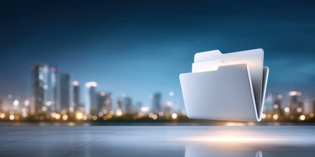 White folder floating above reflective surface with glowing data light and blurred city skyline dusk evoking modern cloud storage and secureの素材