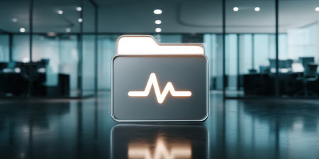Digital folder with glowing heartbeat icon modern office data folder concept showing secure medical data and folder monitoring heartbeat calmの素材