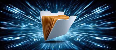 Folder and data icon floats amid blue light streak conveying fast digital file transfer and secure information flow with dynamic futuristic energyの素材