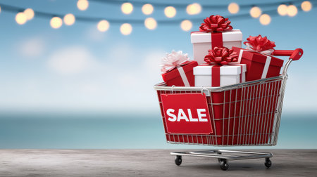 Festive shopping cart filled with wrapped sale gifts and red ribbon present boxes creating joyful holiday shopping moodの素材