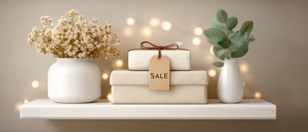Sale gift boxes and delicate floral decor on minimalist shelf create cozy neutral holiday scene with warm lights and elegant wrapping sale giftsの素材