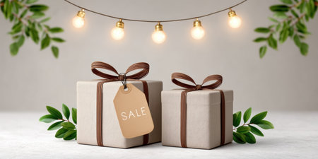 Sale gift wrapped present with ribbon and tag under warm string lights evokes festive mood and sale gifts suitable for celebration and promotionの素材
