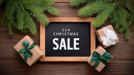 Our Christmas sale gifts wrapped present with green ribbon pine branch holiday scene offering festive discount joyの素材