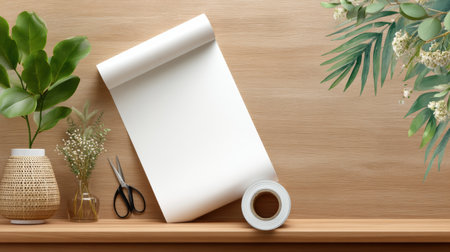 Blank craft paper roll on wooden shelf with scissors vase and green foliage sale gifts wrapped presentation moodの素材