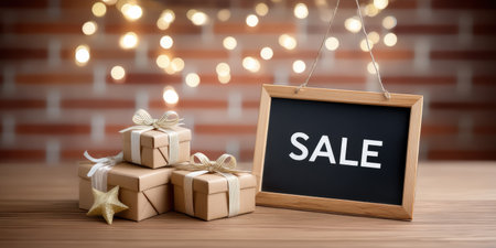 Sale gifts chalkboard sign with wrapped present stack and festive lights creating cozy holiday shopping sceneの素材