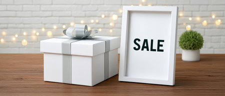 Elegant white gift box with ribbon and framed sale sign on wooden table sale gifts creating festive shopping atmosphereの素材