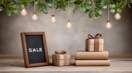Sale gifts elegant wrapped present on wooden table with hanging lights and green leaves creating warm festive moodの素材