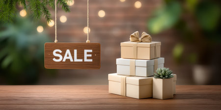 Elegant holiday sale gifts stacked on wooden table with lights and evergreen creating warm festive moodの素材