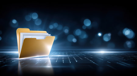 Glossy file folder with documents on futuristic grid glowing bokeh background, sleek digital data storage concept, modern technology moodの素材