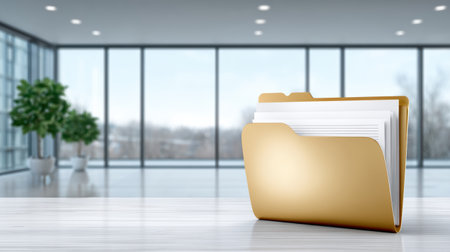 Gold file folder with documents on modern office desk, bright natural light and calm moodの素材
